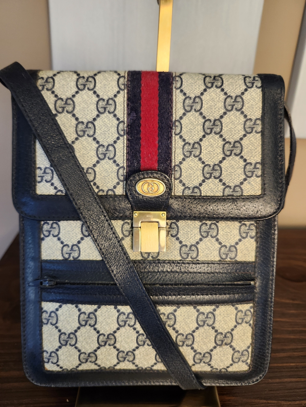 Gucci GG Supreme Sherry Line Web Stripe Shoulder Bag in Navy Gray, Gold and Red